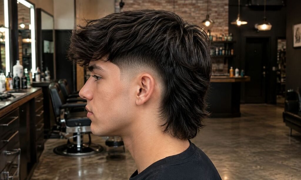 Mid Burst Fade Straight Hair with Mullet