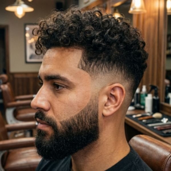 Curly Burst Fade with Beard