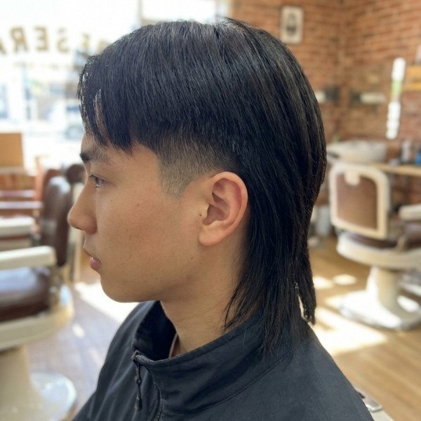 Straight Hair Burst Fade Mullet
